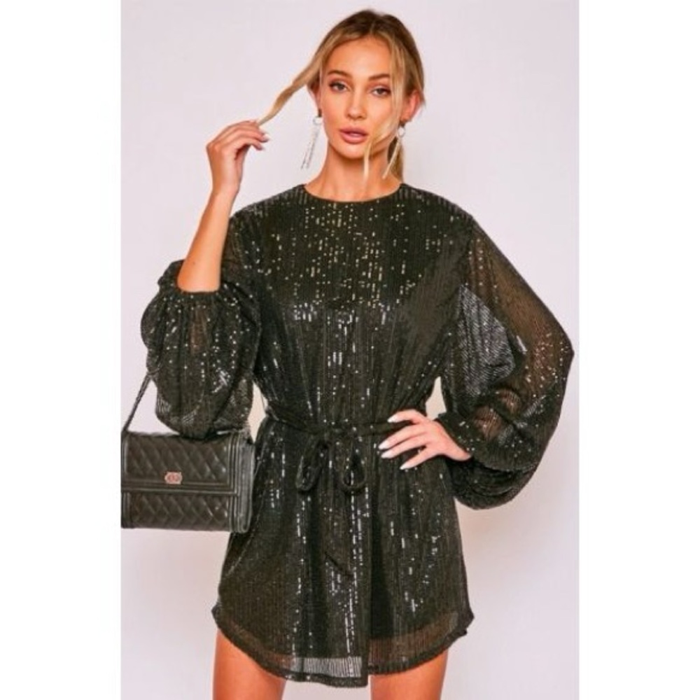 BRAND NEW WITH TAGS Black Shimmer Balloon Sleeve Belted Mini Dress